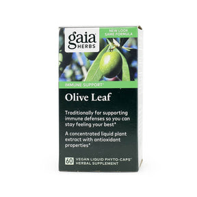 Box of Gaia Herbs Olive Leaf featuring an image of green olives on a branch, labeled for immune support. The label highlights benefits for immune defenses and antioxidant support, containing 60 vegan liquid phyto-caps.
