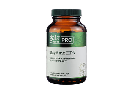 A brown glass bottle of Gaia Herbs Pro Daytime HPA herbal supplement, containing 120 liquid phyto-caps. The label features a green and white design with the Gaia Herbs Pro logo and highlights 'Adaptogen and Nervine Stress Support' for adrenal health.