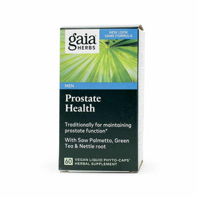 Gaia Herbs Prostate Health 60 vegan liquid phyto-caps box with green palm leaf label and blue men banner