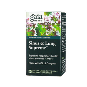 Gaia Herbs Sinus & Lung Supreme 60 vegan liquid phyto-caps box with floral label and dark teal front panel