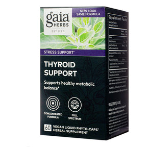 Gaia Herbs Thyroid Support 60 vegan liquid phyto-caps box, black and green package with supplement facts label