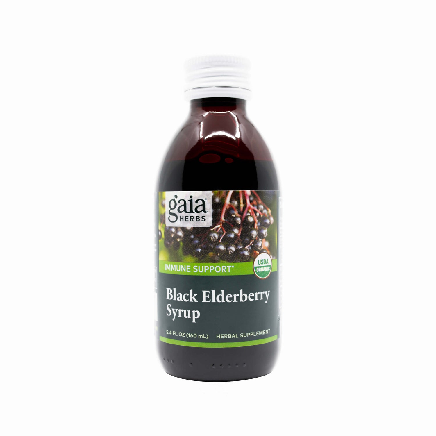 A bottle of Gaia Herbs Black Elderberry Syrup in the 5.4 fl oz size, featuring a green label with images of fresh elderberries and USDA Organic certification. The product supports immune health and comes in a dark amber glass bottle with a white cap.