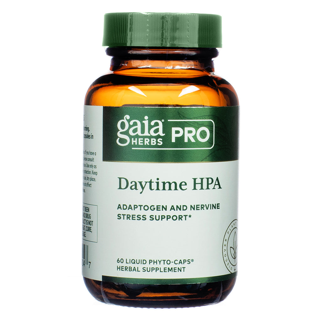 Front-facing image of Gaia Herbs PRO Daytime HPA showing the product label with adaptogen and nervine stress support benefits, in a 60 Liquid Phyto-Caps herbal supplement bottle.
