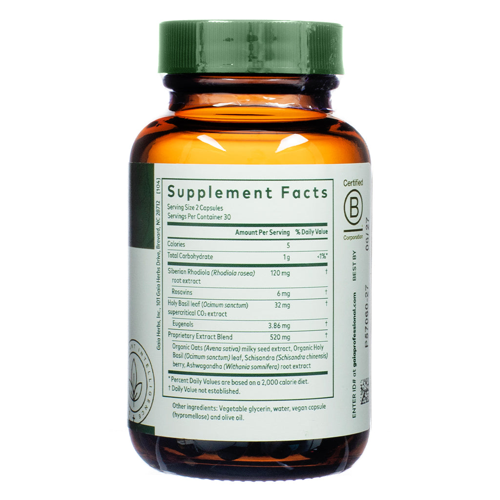 Supplement Facts panel of Gaia Herbs PRO Daytime HPA 60 Liquid Phyto-Caps detailing active ingredients like Siberian Rhodiola, Holy Basil, and a proprietary extract blend.