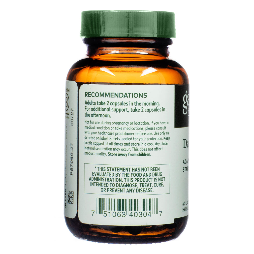 Side label of Gaia Herbs PRO Daytime HPA 60 Liquid Phyto-Caps showing recommended dosage instructions, cautionary notes, and FDA disclaimer.
