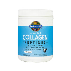 Garden of Life Grass Fed Collagen Peptides powder, white 560 gram tub with blue label, unflavored, 28 servings