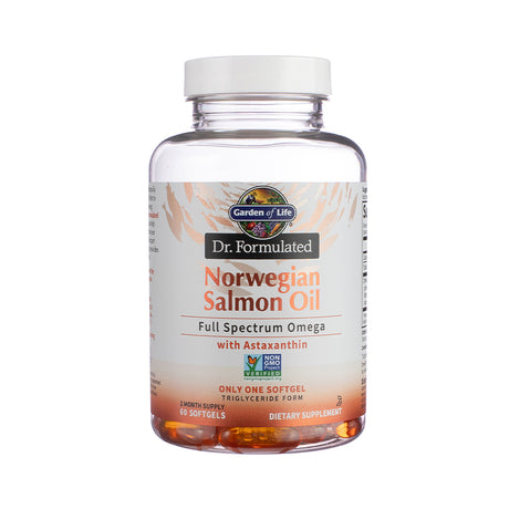 Garden of Life Dr. Formulated Norwegian Salmon Oil softgels bottle, white label and cap, 60 softgels