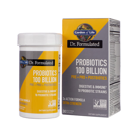 Garden of Life Dr. Formulated Probiotics 100 Billion 30 capsules bottle and box with white, gray, and yellow label