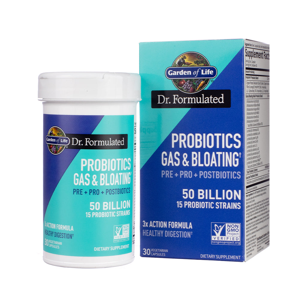 Garden of Life Dr. Formulated Probiotics Gas & Bloating 50 Billion capsules bottle and box, blue label, 30 capsules