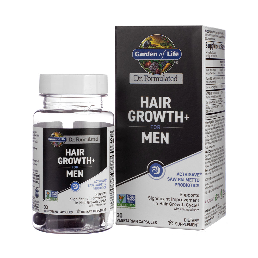 Garden of Life Dr. Formulated Hair Growth+ for Men 30 vegetarian capsules bottle and box, white label, black carton