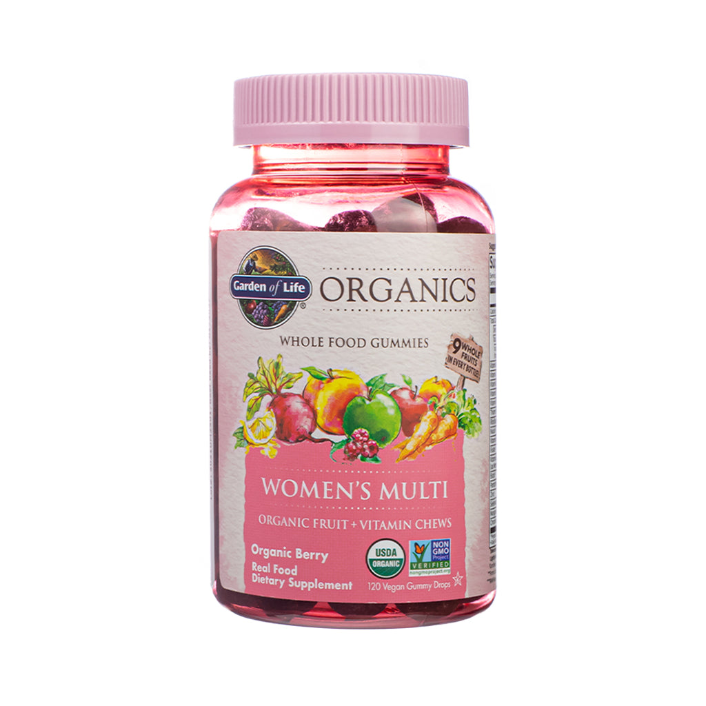 A pink bottle of Garden of Life Organics Women’s Multi gummies with a fruit-themed label. Describes the product as organic fruit and vitamin chews in organic berry flavor, made with 9 whole fruits and no synthetic ingredients; USDA Organic and Non-GMO Verified.