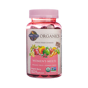 Garden of Life mykind Organics Women’s Multi gummies in pink bottle with pink label, organic berry, 120 count