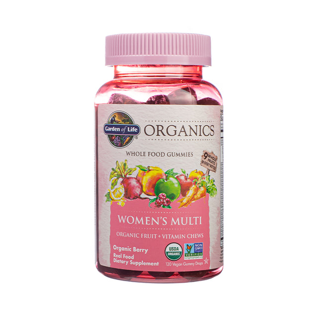 A pink bottle of Garden of Life Organics Women’s Multi gummies with a fruit-themed label. Describes the product as organic fruit and vitamin chews in organic berry flavor, made with 9 whole fruits and no synthetic ingredients; USDA Organic and Non-GMO Verified.