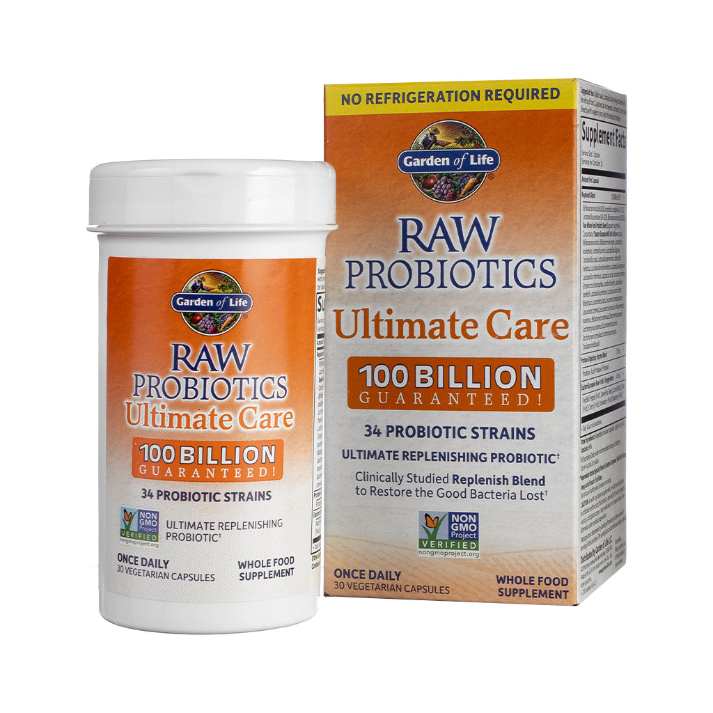 Garden of Life Raw Probiotics Ultimate Care 100 Billion Shelf-Stable Capsules, front image emphasizing potency, shelf stability, and digestive wellness.