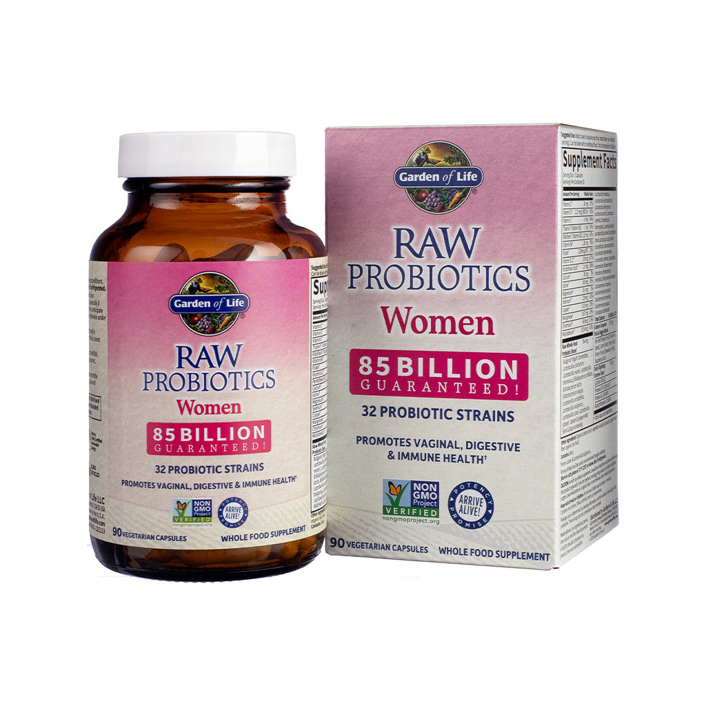 Front-facing label of Garden of Life Raw Probiotics Women 85 Billion Capsules, 90-count bottle, featuring soft purple and cream design with detailed strain callouts and women's digestive health focus.
