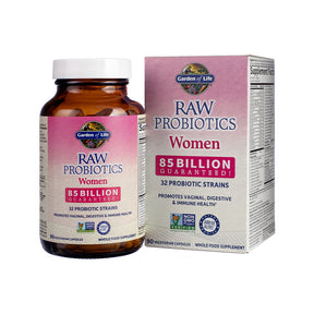 Garden of Life Raw Probiotics Women 85 Billion 90 vegetarian capsules amber bottle and pink cream box