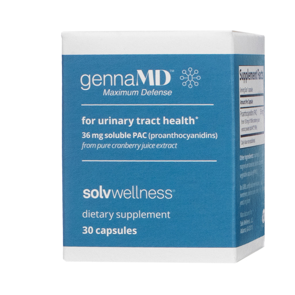 Front view of a smaller box of GennaMD by Solvwellness dietary supplement with 30 capsules, supporting urinary tract health with 36 mg soluble PAC from cranberry juice extract, in blue and white packaging.