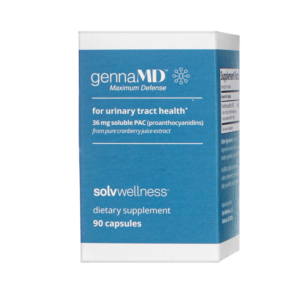 Front view of a blue and white box labeled GennaMD by Solvwellness, containing 90 capsules for urinary tract health, featuring 36 mg of soluble PAC (proanthocyanidins) from pure cranberry juice extract.