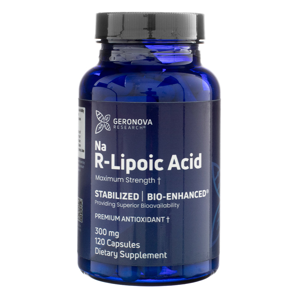 A blue bottle of Geronova Bio-Enhanced R-Lipoic Acid 300mg, featuring the front label with product branding, key benefits, and supplement details. The label highlights "Stabilized | Bio-Enhanced" for superior bioavailability and states that the bottle contains 120 capsules of this premium antioxidant dietary supplement.