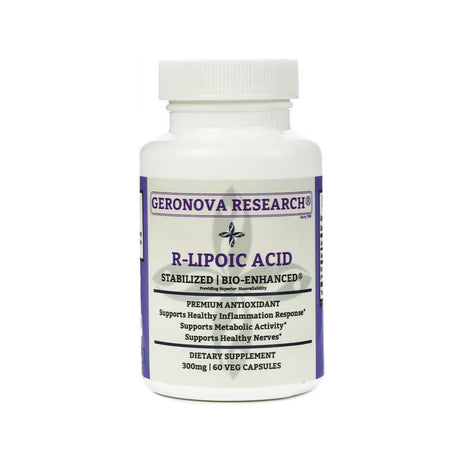 A white bottle of Geronova Bio-Enhanced R-Lipoic Acid 300mg, containing 60 vegetable capsules, with product branding and key health benefits on the front label.