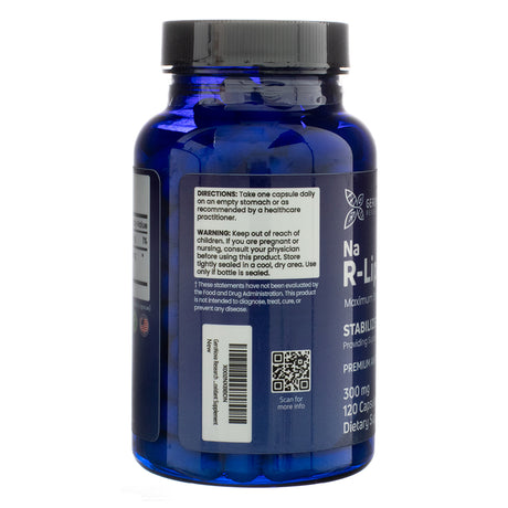 A blue bottle of Geronova Bio-Enhanced R-Lipoic Acid 300mg, showing the back label with dosage directions, warnings, and a QR code for additional product information.