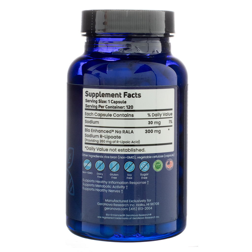 A blue bottle of Geronova Bio-Enhanced R-Lipoic Acid 300mg, showing the supplement facts label with serving size, ingredient breakdown, and dietary certifications.