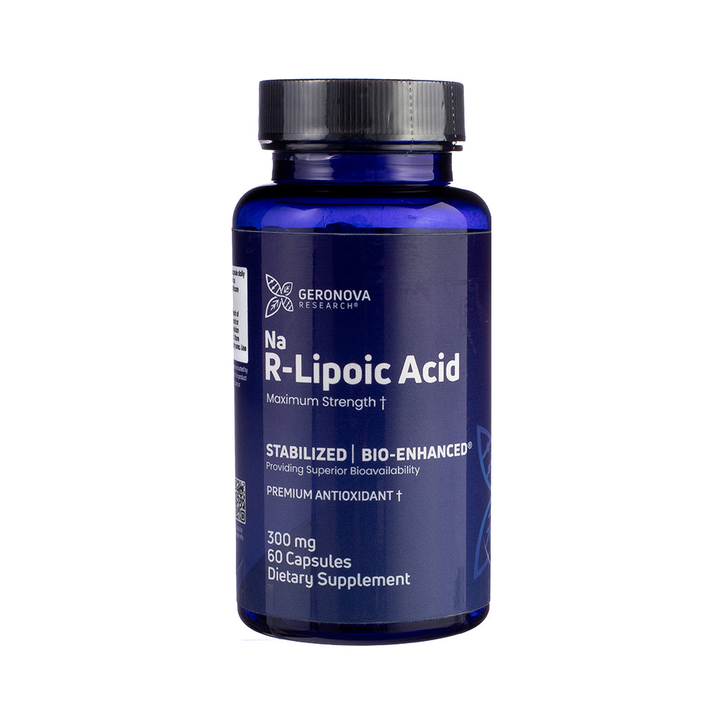 Geronova Bio-Enhanced R-Lipoic Acid 300mg 60 Capsules, front label image highlighting antioxidant supplement with 300mg potency and 60-capsule count.


