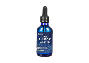 Geronova Bio-Enhanced Liquid R-Lipoic Acid blue glass dropper bottle, front label, 2 fl oz liquid supplement