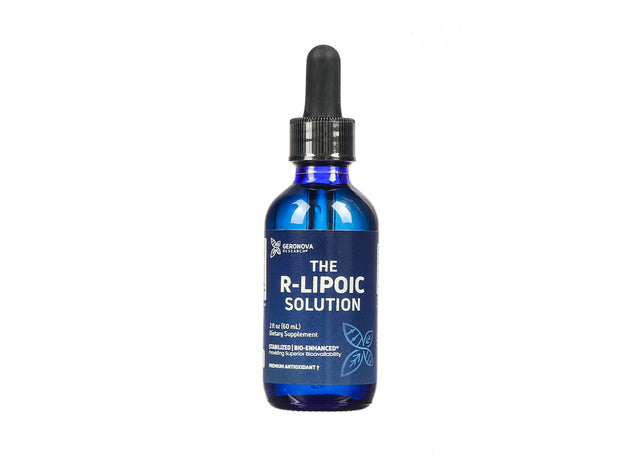 A blue glass dropper bottle of Geronova Research R-Lipoic Solution, displaying the front label with product branding and key supplement details. The label highlights "Stabilized | Bio-Enhanced" for superior bioavailability and indicates that the dietary supplement comes in a 2 fl oz (60 mL) liquid form.
