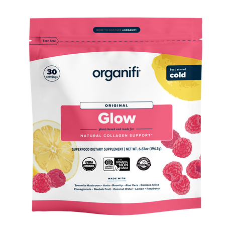 Organifi Glow Original raspberry lemon superfood powder, 6.87 oz resealable pouch, 30 servings