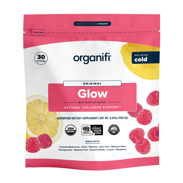 Organifi Glow Original raspberry lemon superfood powder, 6.87 oz resealable pouch, 30 servings