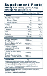 Organifi Glow supplement facts: 68 mg vitamin C, 1,500 mg raspberry, 1,000 mg coconut water, 500 mg tremella per scoop