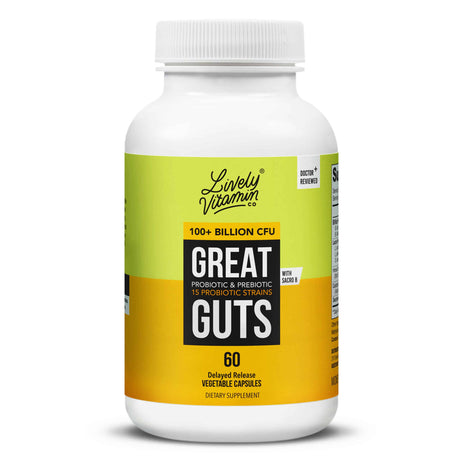 The front of the Lively Vitamin Co. Great Guts 100 Billion 60 Capsules bottle features "100+ Billion CFU" with 15 probiotic strains and prebiotics. The label notes its delayed-release technology and "Doctor Reviewed" approval for trusted digestive support.