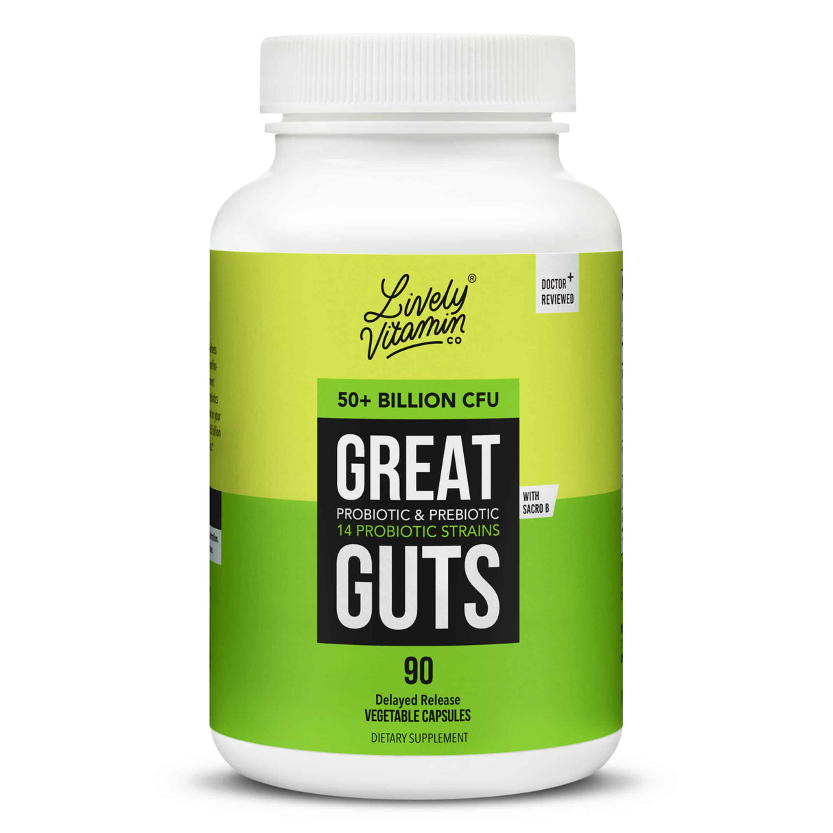 The front of the Lively Vitamin Co. Great Guts 50 Billion 90 Capsules bottle emphasizes "50+ Billion CFU" with 14 probiotic strains. The label showcases its delayed-release design and "Doctor Reviewed" quality assurance, highlighting its prebiotic and probiotic formula.