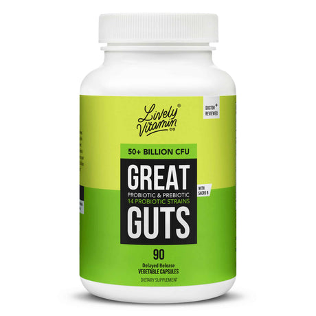 The front of the Lively Vitamin Co. Great Guts 50 Billion 90 Capsules bottle emphasizes "50+ Billion CFU" with 14 probiotic strains. The label showcases its delayed-release design and "Doctor Reviewed" quality assurance, highlighting its prebiotic and probiotic formula.