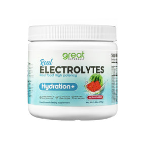 Great Naturally Real Electrolytes Hydration+ Watermelon powder, white plastic jar with blue-green label, 9.63 oz