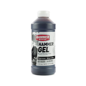 Hammer Nutrition Hammer Gel Espresso flavor liquid bottle, dark brown with white label, 26 servings, 14.4 fl oz