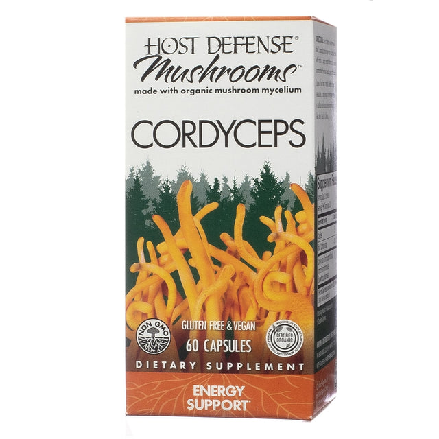 A rectangular box of "Host Defense Mushrooms Cordyceps," showcasing vibrant orange cordyceps mushrooms against a forested background, with labels indicating "Gluten-Free & Vegan," "60 Capsules," and "Energy Support."