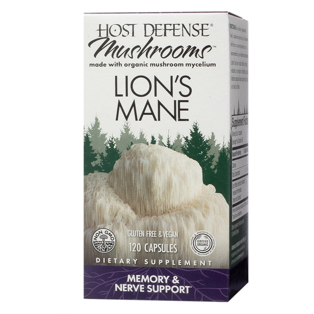 A box of "Host Defense Mushrooms Lion’s Mane," featuring a creamy white lion’s mane mushroom with a forest design backdrop, promoting "Memory & Nerve Support" and marked "120 Capsules," "Gluten-Free & Vegan."