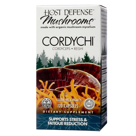 Host Defense Mushrooms CordyChi, 120 Capsules. This stress and fatigue support supplement combines cordyceps and reishi mushrooms and is made with organic mushroom mycelium. The packaging features an image of cordyceps and reishi mushrooms set against a forest backdrop. Labels highlight that the product is gluten-free, vegan, non-GMO, and certified organic.