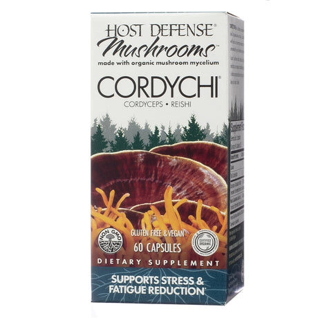 Packaging for "Host Defense Mushrooms CordyChi," combining cordyceps and reishi mushrooms on the front, accented by a forest scene, labeled "Supports Stress & Fatigue Reduction" and "60 Capsules."