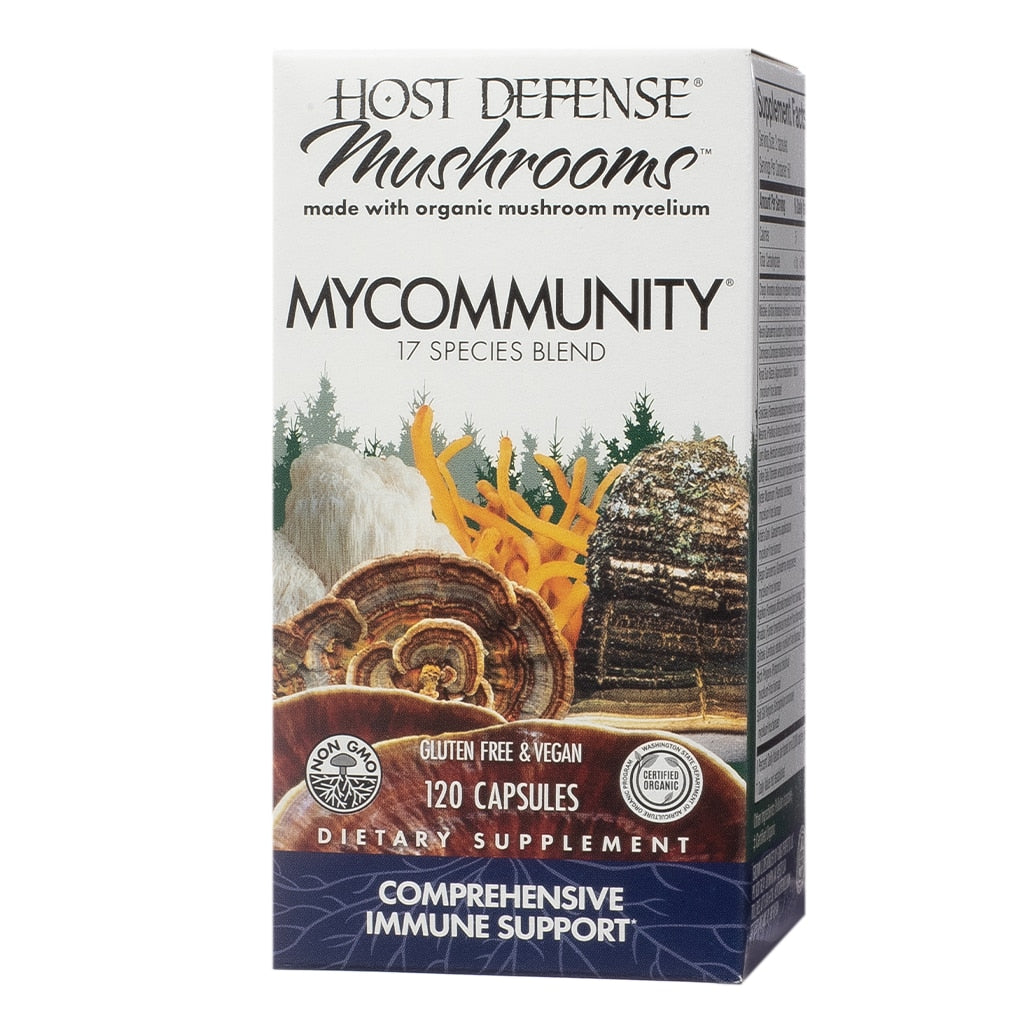 The box for "Host Defense Mushrooms MyCommunity," displaying a blend of multiple mushroom species, including reishi, lion’s mane, and cordyceps, with vibrant forest imagery and labeled "Comprehensive Immune Support" and "120 Capsules."