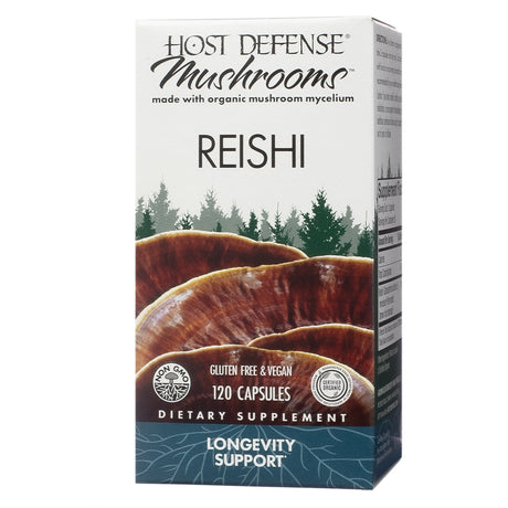 A white rectangular box labeled "Host Defense Mushrooms Reishi," featuring an image of reishi mushrooms with forest graphics in the background. This dietary supplement supports longevity, is made with organic mushroom mycelium, and contains 120 gluten-free and vegan capsules.