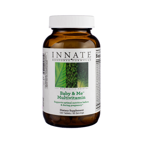 Innate Response Formulas Baby & Me Multivitamin 120 Tablets, front label highlighting prenatal and postnatal support in a larger 120-tablet format.