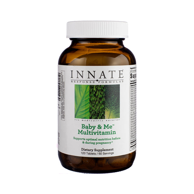 Innate Response Formulas Baby & Me Multivitamin 120 Tablets, front label highlighting prenatal and postnatal support in a larger 120-tablet format.