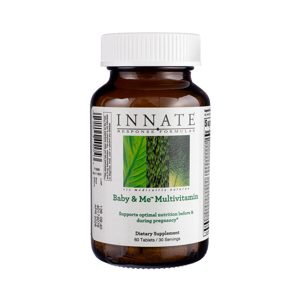 Innate Response Formulas Baby & Me Multivitamin 60 Tablets, front label showing prenatal and postnatal support supplement in a 60-tablet size.