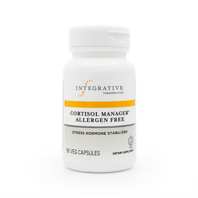 White bottle of Integrative Therapeutics Cortisol Manager Allergen Free dietary supplement. The label highlights it as a stress hormone stabilizer and contains 90 vegetarian capsules, designed for cortisol balance and stress support.