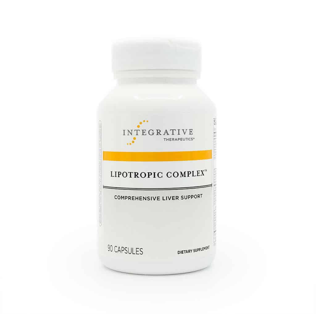 White bottle of Integrative Therapeutics Lipotropic Complex™, labeled “Comprehensive Liver Support,” containing 90 capsules. The clean design features a yellow stripe and highlights its role as a dietary supplement for liver health.