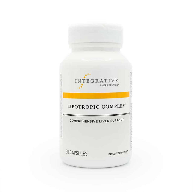 White bottle of Integrative Therapeutics Lipotropic Complex™, labeled “Comprehensive Liver Support,” containing 90 capsules. The clean design features a yellow stripe and highlights its role as a dietary supplement for liver health.