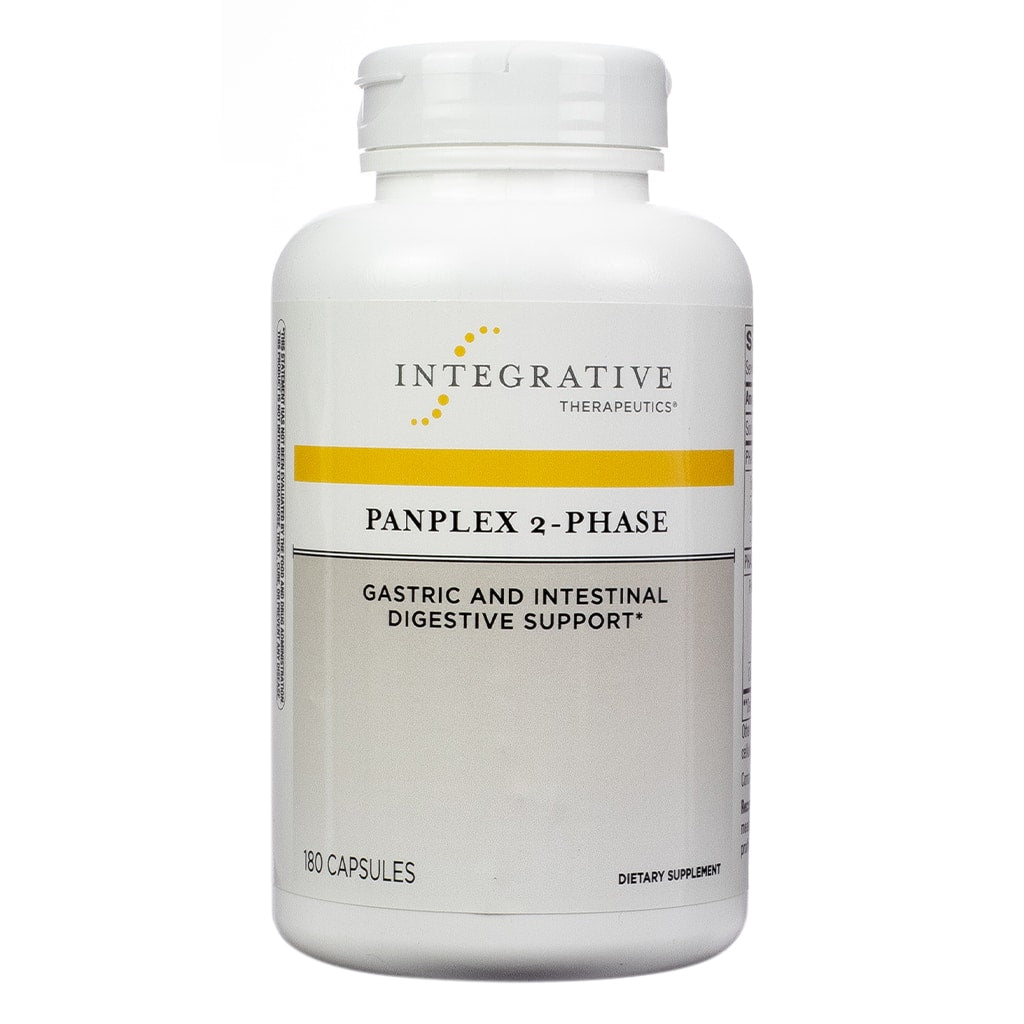 A large white bottle labeled "Integrative Therapeutics Panplex 2-Phase," highlighting gastric and intestinal digestive support. The label details 180 capsules designed to support healthy digestion through a two-phase formula targeting both the stomach and intestines.